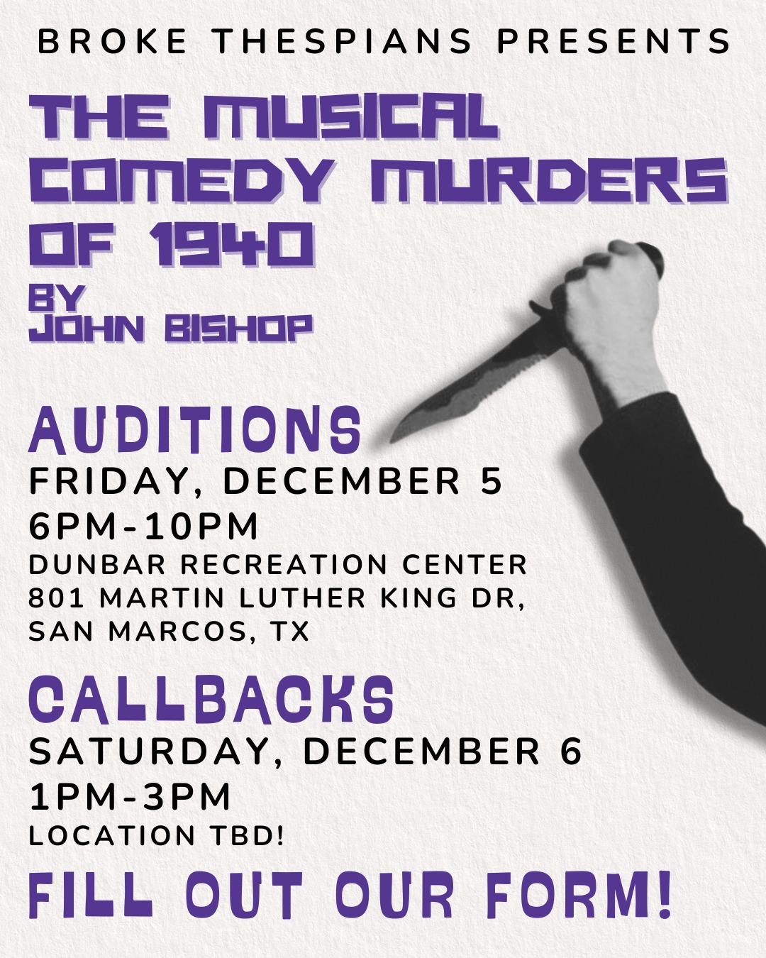 CTX4247. Auditions for The Musical Comedy Murders of 1940, by Broke Thespians Theatre Company, San Marcos