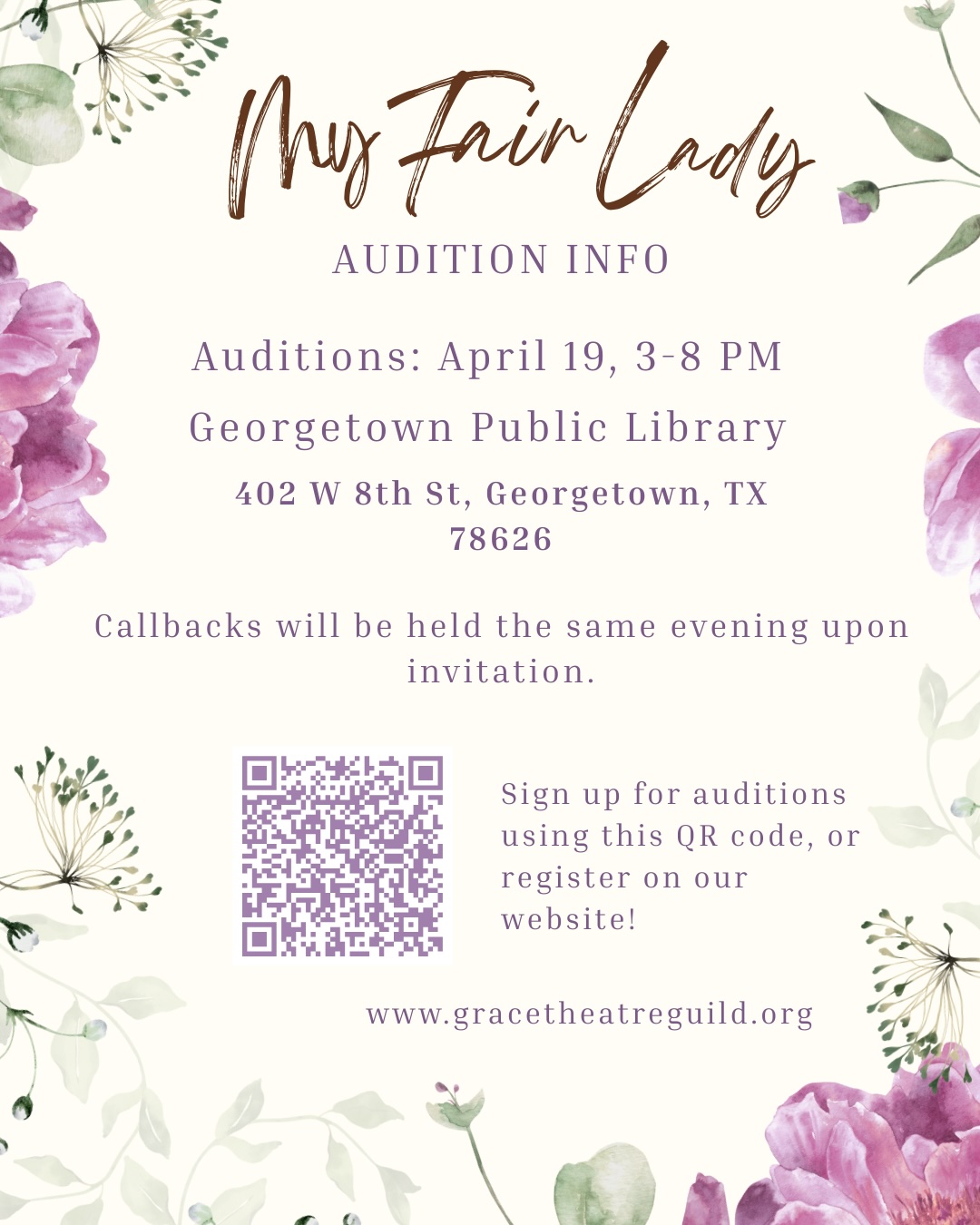 CTX4384. Auditions for My Fair Lady, by Grace Theatre Guild, Georgetown and Taylor