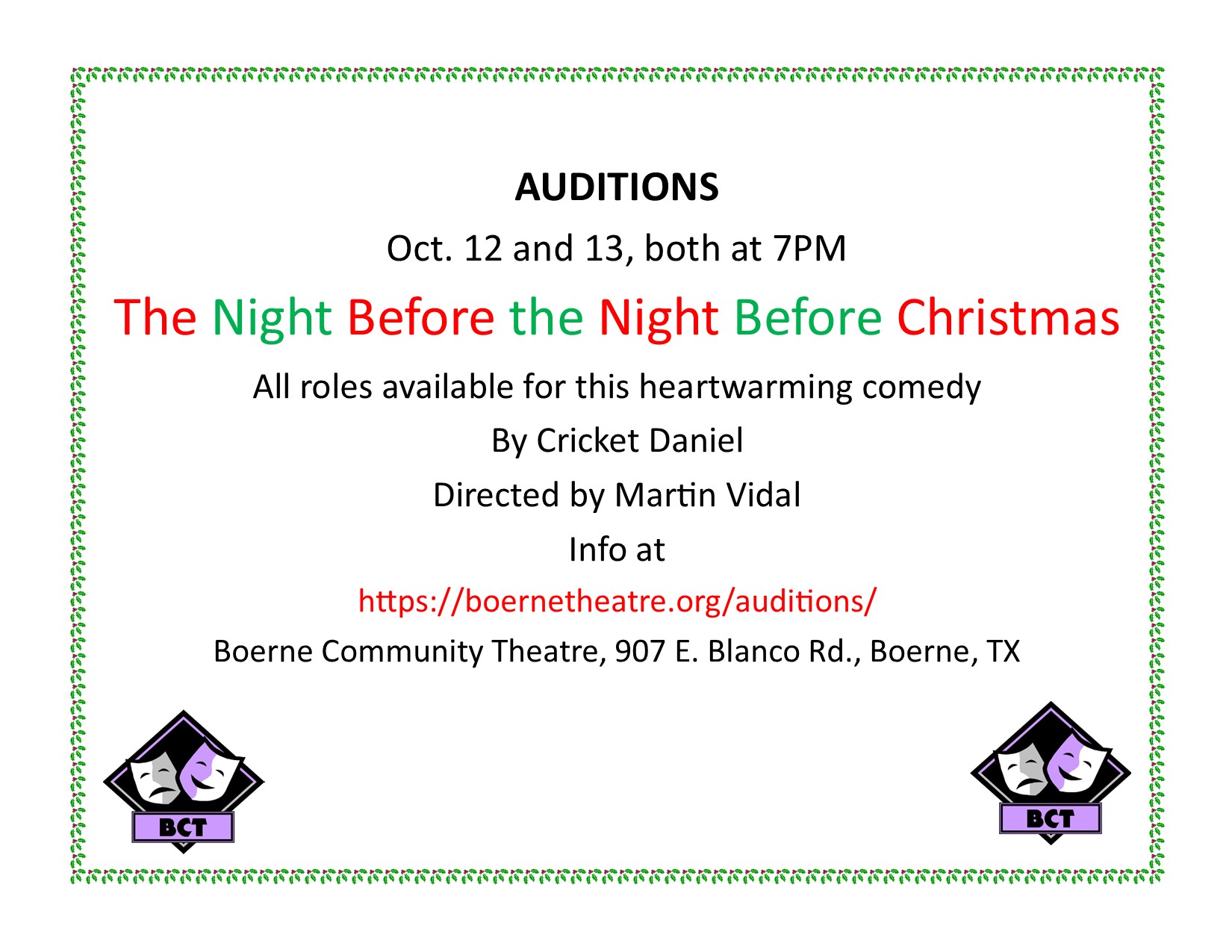 CTX4215. Auditions for The Night before the Night before Christmas, by Boerne Community Theatre
