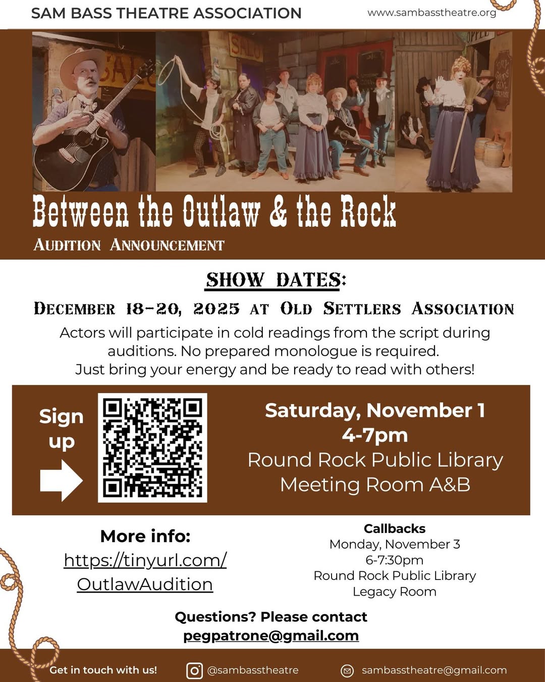 CTX4201. Auditions for Between the Outlaw and the  Rock, by Sam Bass Theatre Association