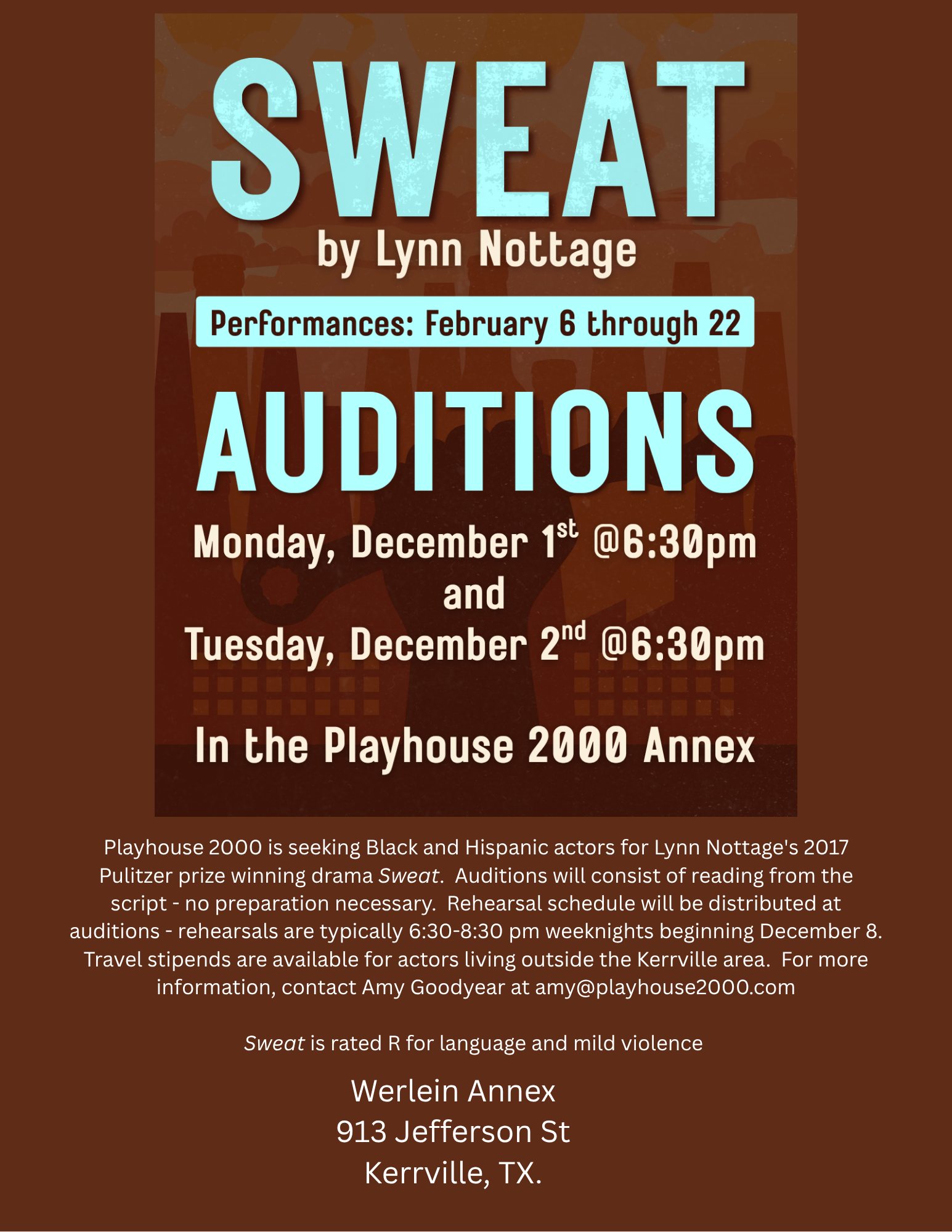 CTX4225. Auditions for SWEAT, by Playhouse 2000, Kerrville
