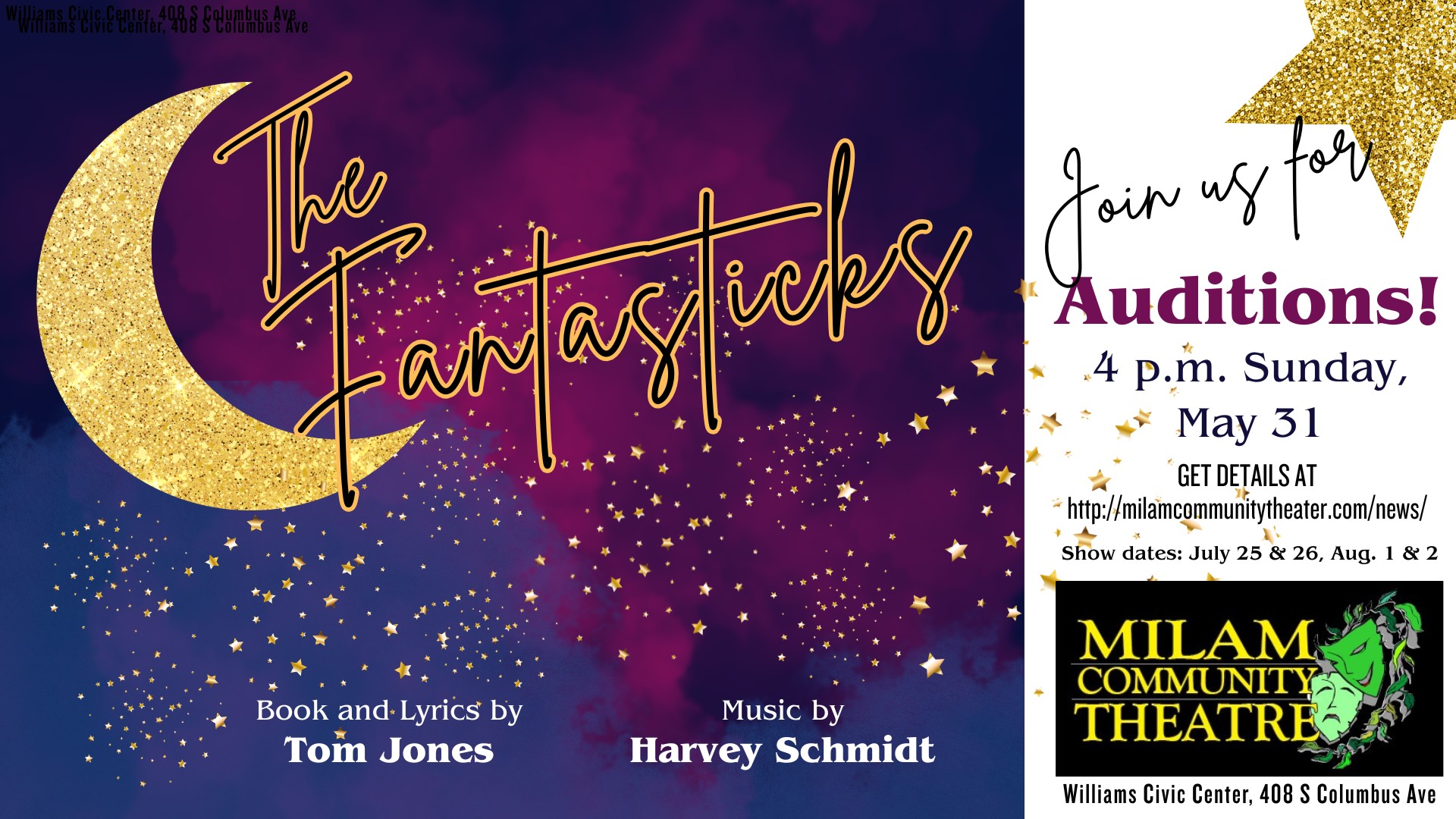 CTX4423. Auditions for The Fantasticks, by Milam Community Theater, Cameron