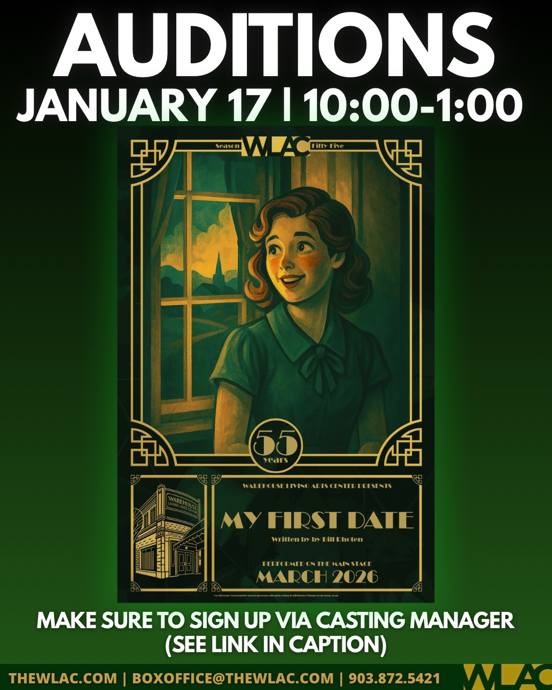 CTX4288. Auditions for My First Date, by Warehouse Living Arts Center, Corsicana