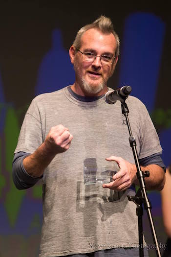 Connor Hopkins accepting a B.Iden Payne theatre award (photo: Steve Rogers)