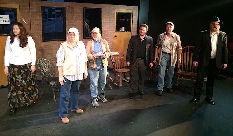 Jacquelyn Lies,  Kathy Rose Center, Laurie Coker, Corinna Browning (in the window), Nathan Daniel,  Patrick Lescarbeau, Beau Paul (photo: Last Act Theatre Company)