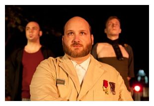 Travis Bedard as Titus Andronicus; behind him, Domenic Proccacini II and Paul Szent-Miklosy (photo: Will Hollis Photography)